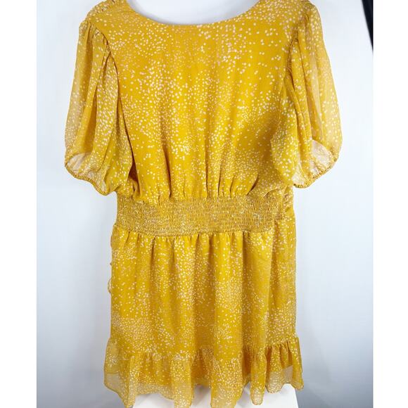 Express Womens Yellow Short Sleeve Dress Ruffle Bottom Small Dot Pattern XL - Picture 7 of 10